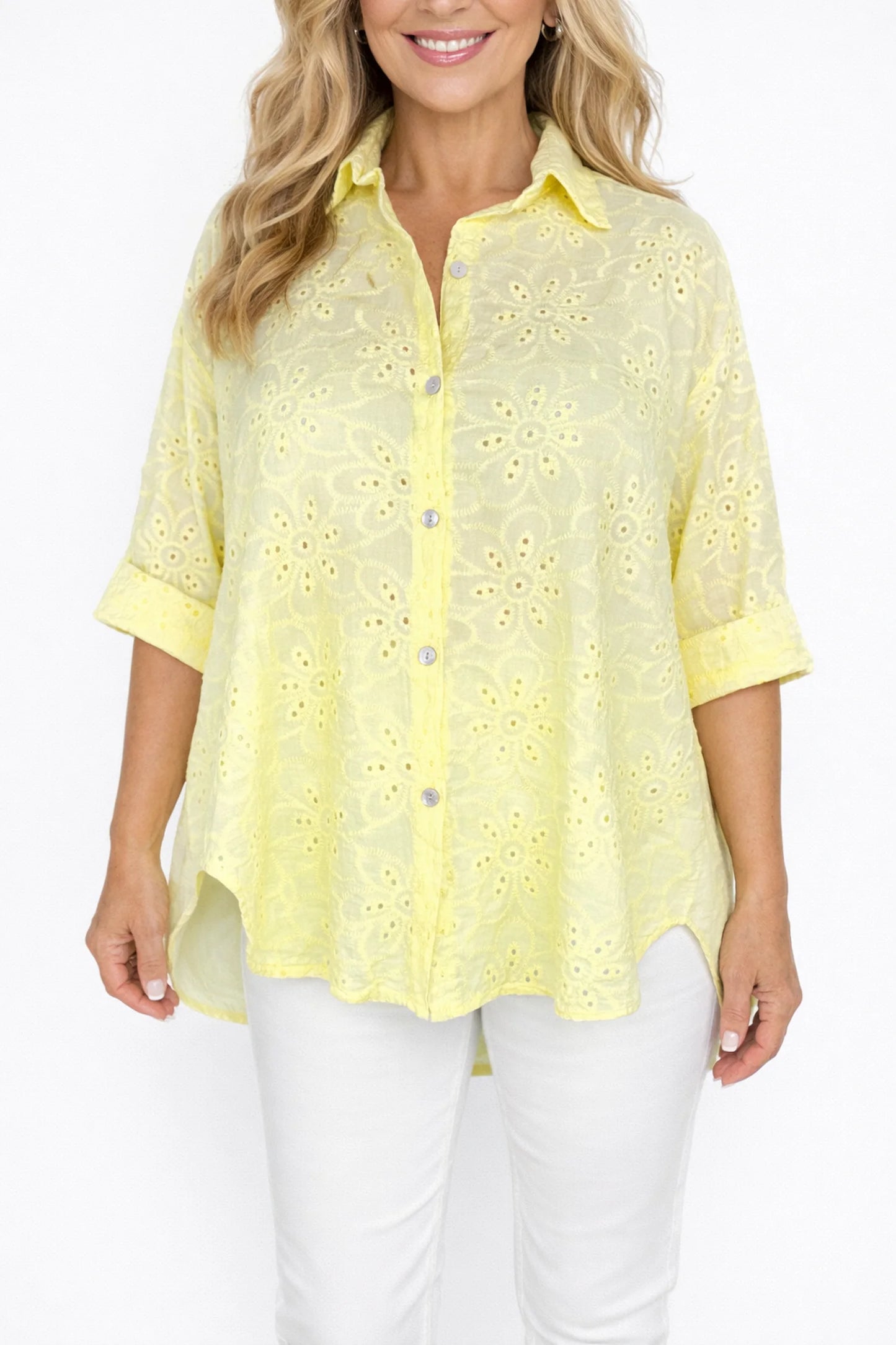 Cotton Embroidery Anglaise Crochet Detail Carlotta Button Shirt - Lemon