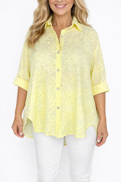 Cotton Embroidery Anglaise Crochet Detail Carlotta Button Shirt - Lemon