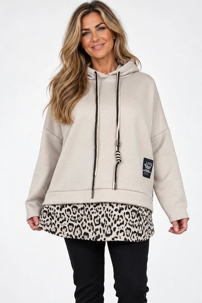 Badge Detail Kiki Leopard Drawstring Hoodie - Beige