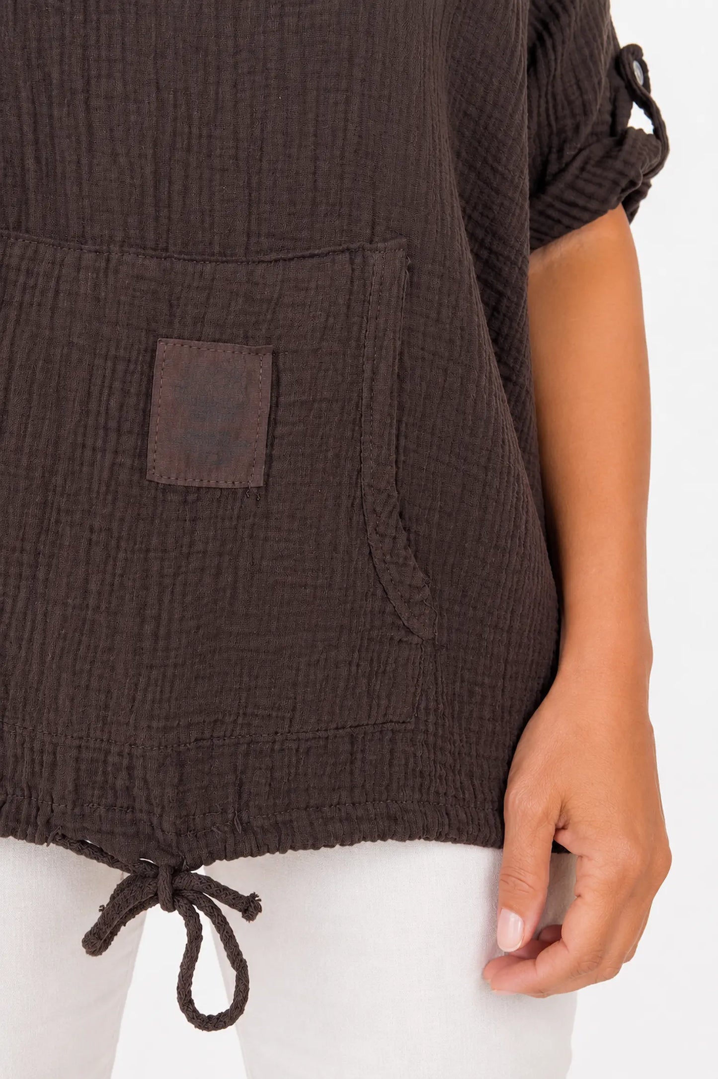 Pure Bubble Cotton Button Sleeve Badge Detail Pocketed Zara Hoodie - Chocolate
