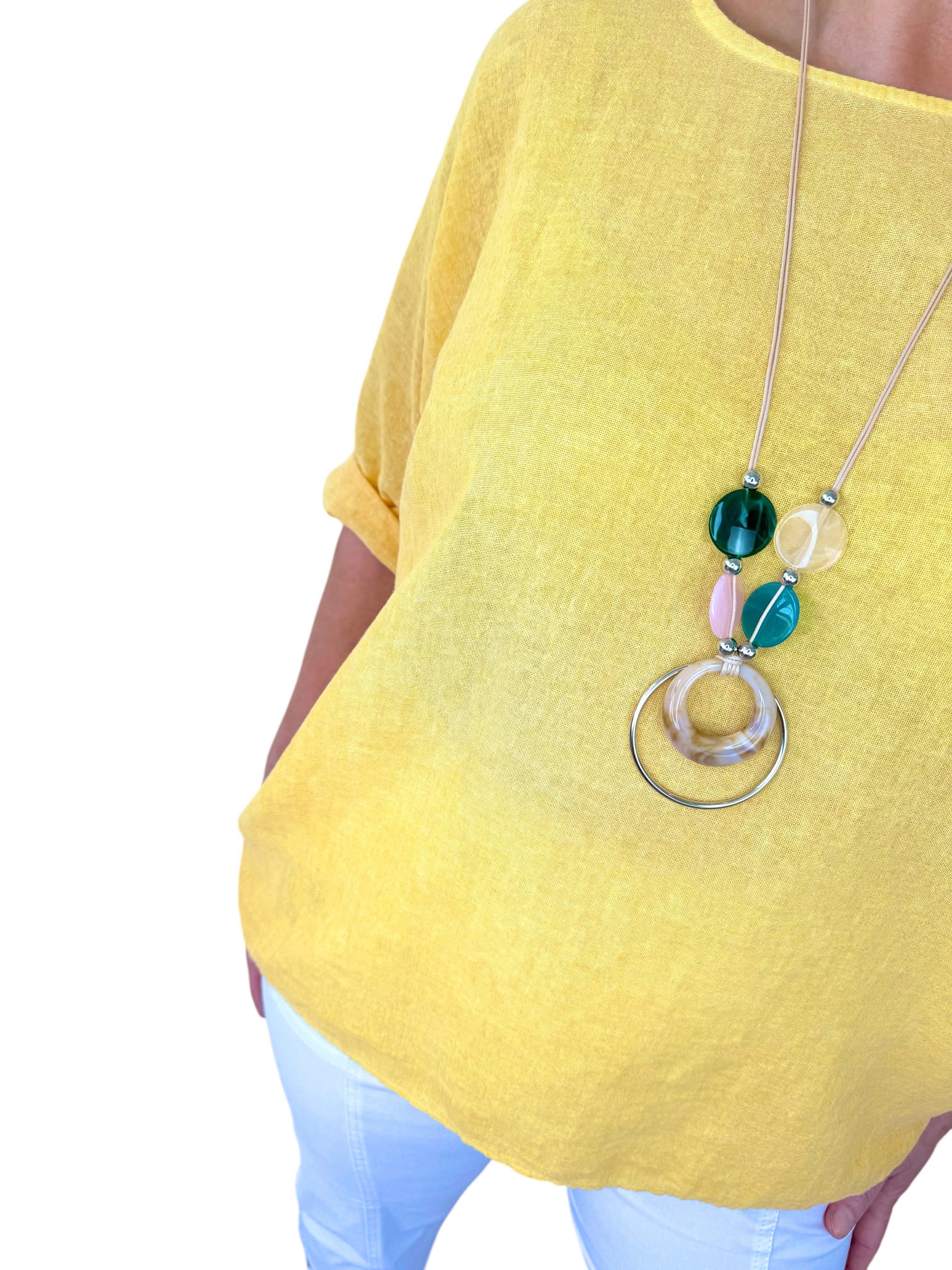 Linen Mix Acid Wash Necklace Top - Sunrise Yellow