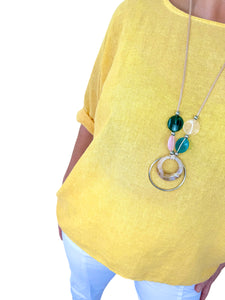 Linen Mix Acid Wash Necklace Top - Sunrise Yellow