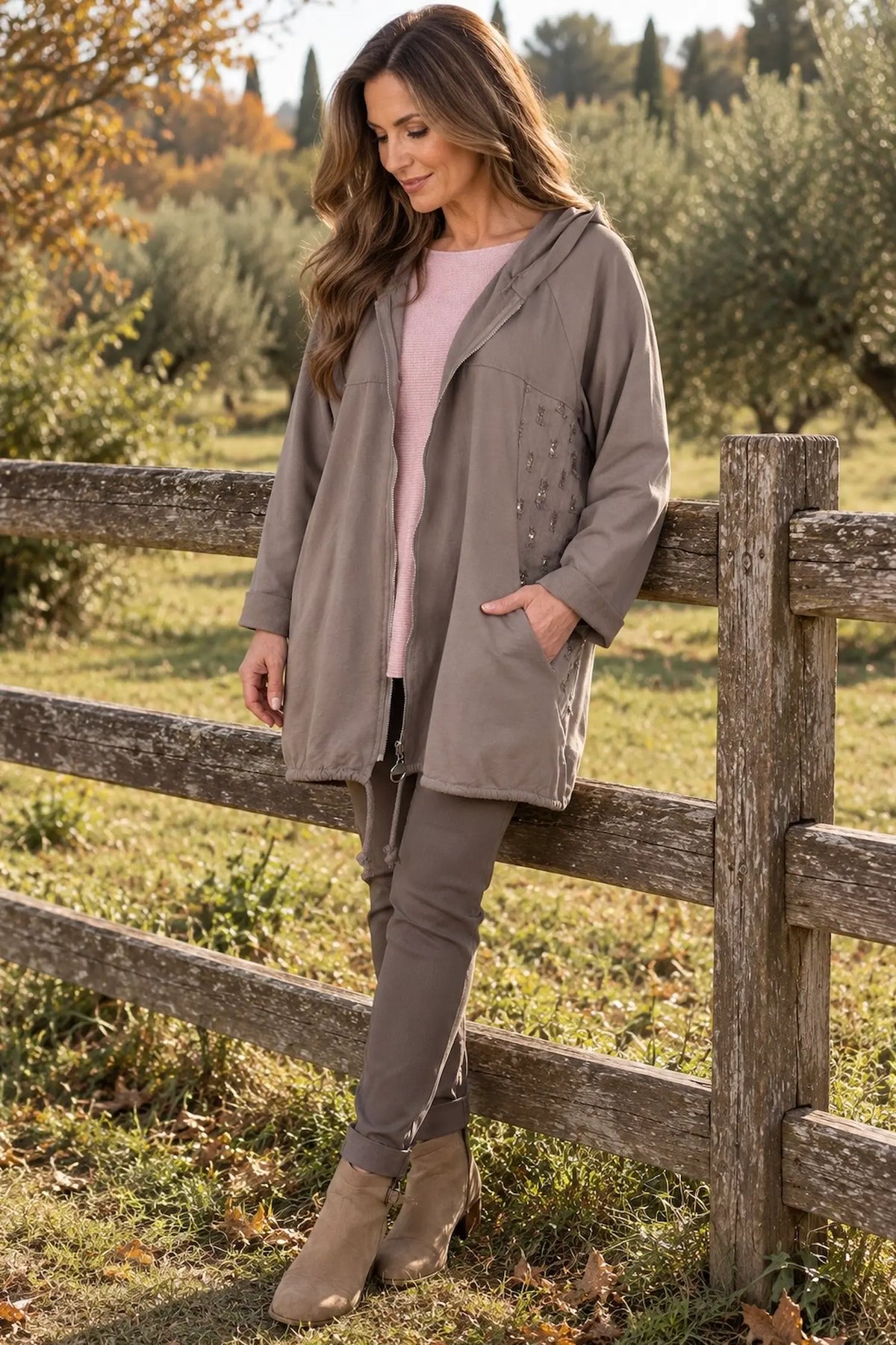 Cotton Gold Stitch Detail Zipped Florenzi Hooded Jacket - Mocha