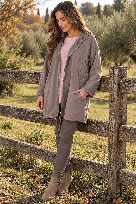 Cotton Gold Stitch Detail Zipped Florenzi Hooded Jacket - Mocha