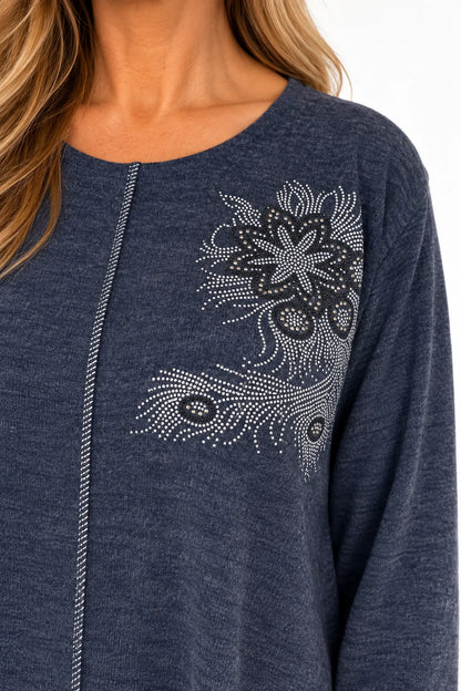 Wool Mix Diamanté Silver Stitch Ciana Top - Navy