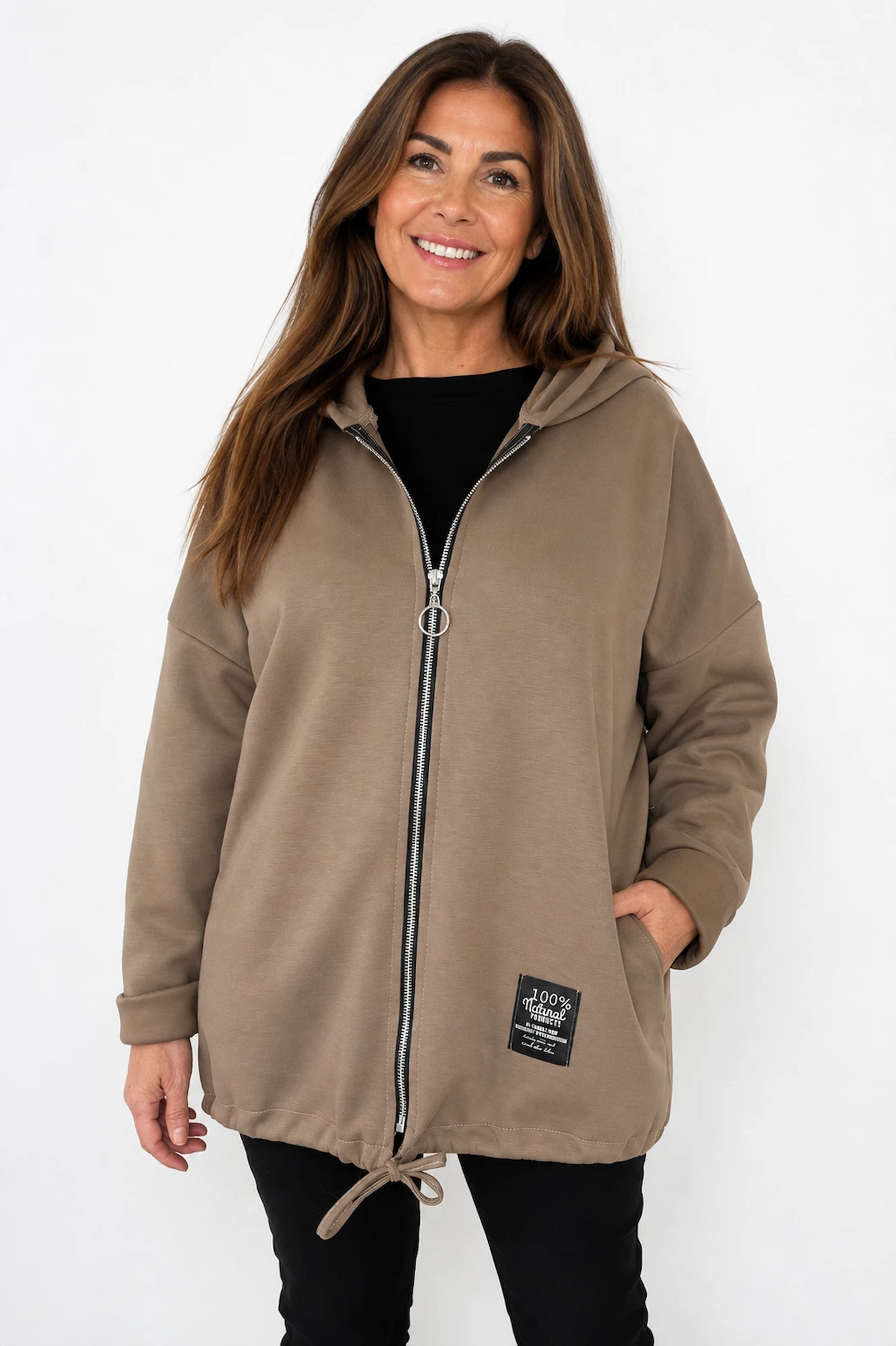 Badge Detail Drawstring Hem Double Pocket Viera Zipped Hooded Jacket - Mocha