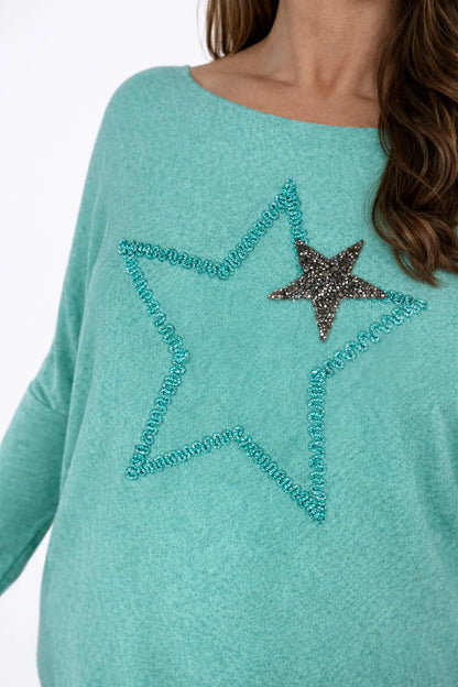 Soft Knit Sparkle Star Batwing Essela Top - Mint Green