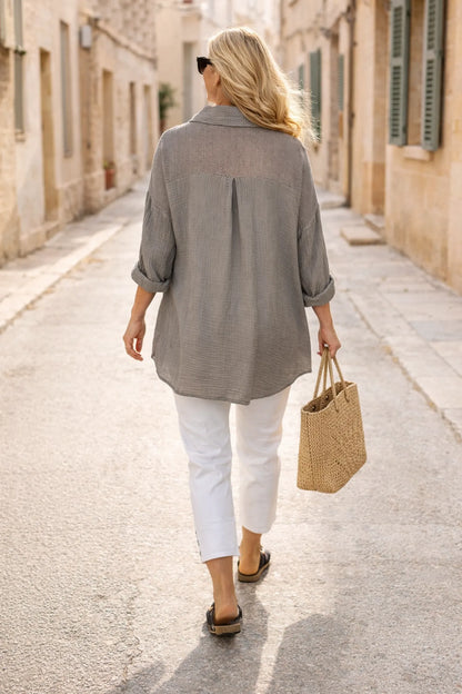 Pure Bubble Cotton Mesh Sleeve/Back Detail Celeste Button Shirt - Mocha