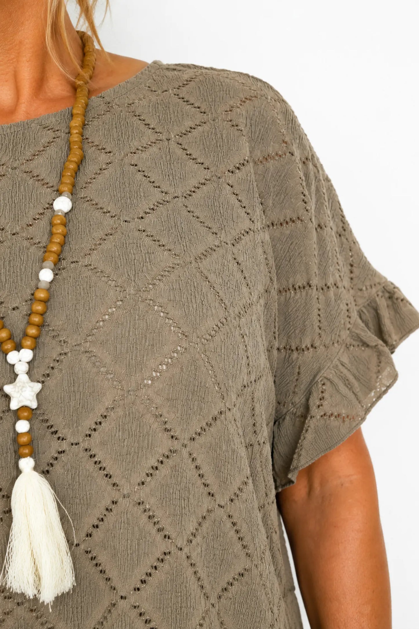 Lightly Textured Frill Sleeve Giana Necklace Top - Mocha