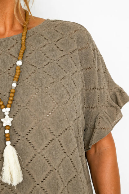 Lightly Textured Frill Sleeve Giana Necklace Top - Mocha