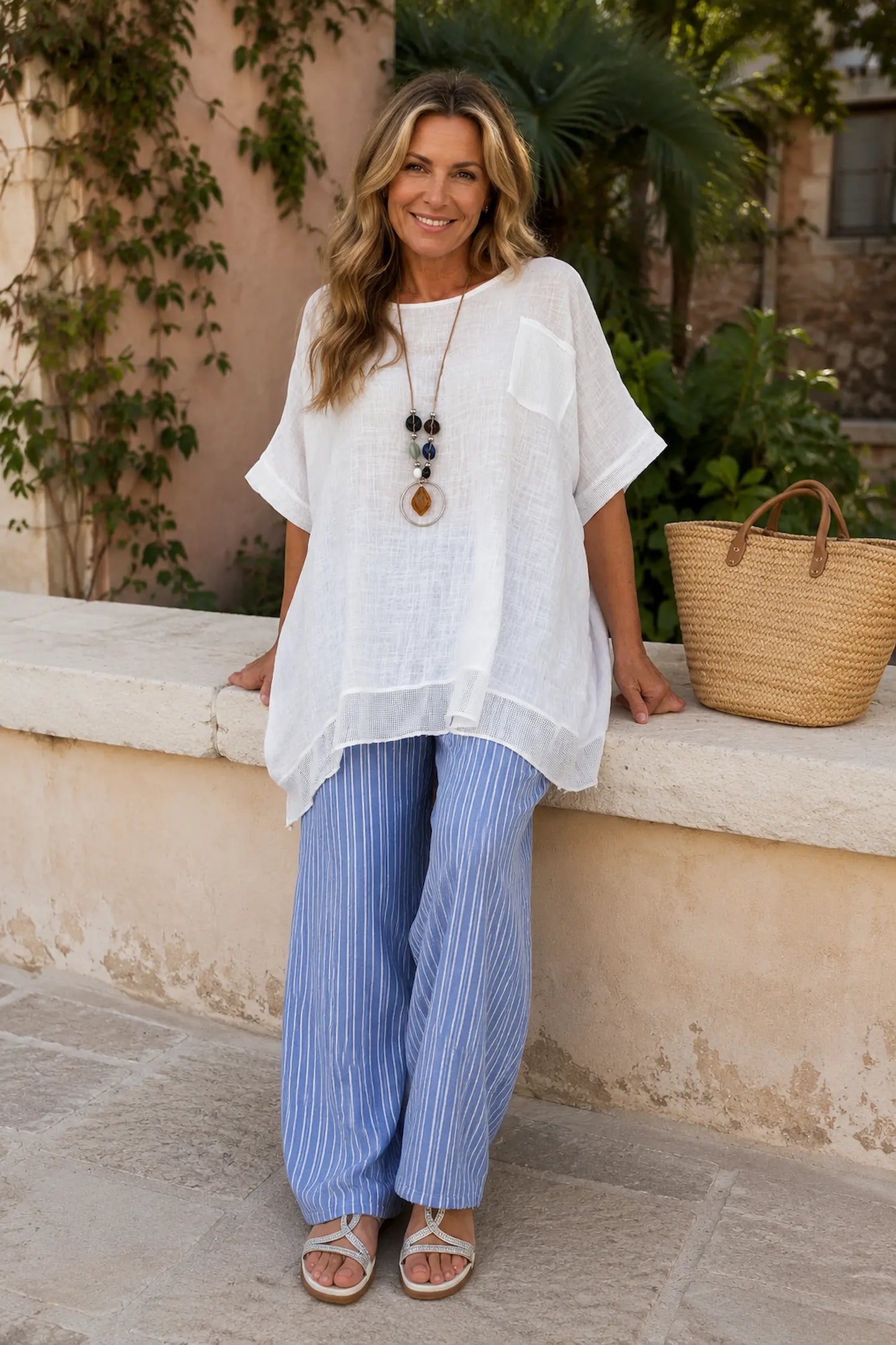 Pure Cotton Mesh Detail Pocketed Portofino Necklace Top - White