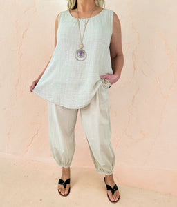 Cotton Button Pocket Elasticated Waist Pant - Beige