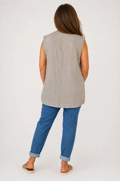 Embroidery Anglaise Golden Sequin Valentina Button Sleeveless Top - Mocha
