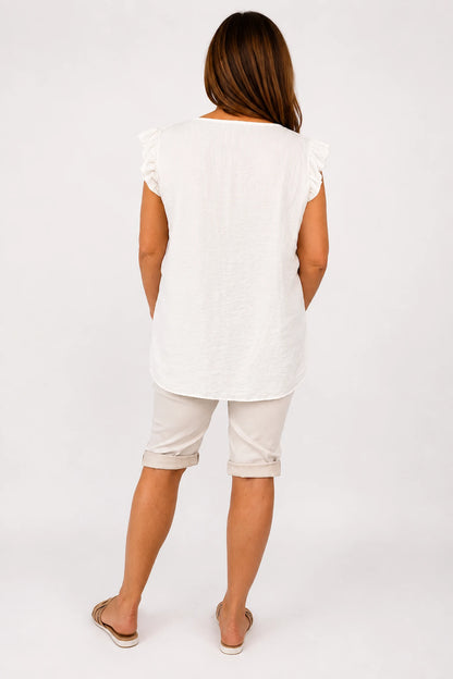 Frill Sleeve Embroidered Floral Detail Sienna Cap Sleeve Top - Beige