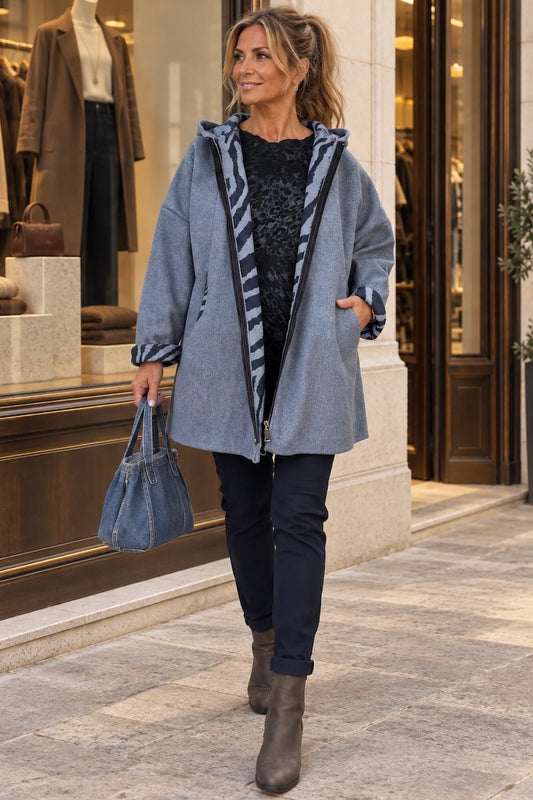 Double Pocket Zipped Contrast Animal Print Lined Valentina Brushed Hooded Coat - Denim