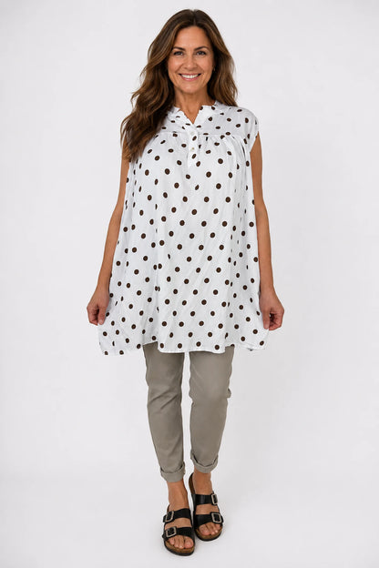 Polka Dot Valentina Button Cap Sleeve Top - White