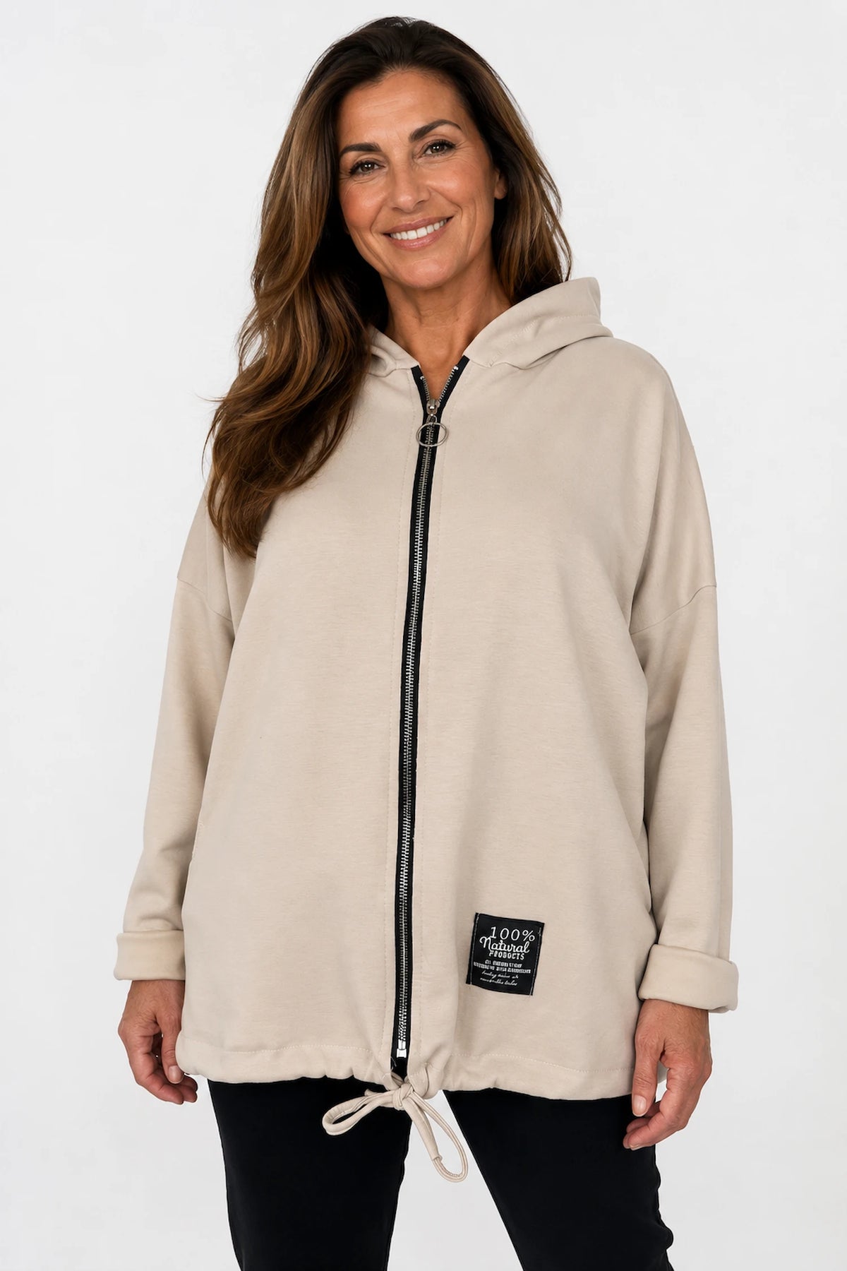 Badge Detail Drawstring Hem Double Pocket Viera Zipped Hooded Jacket - Beige