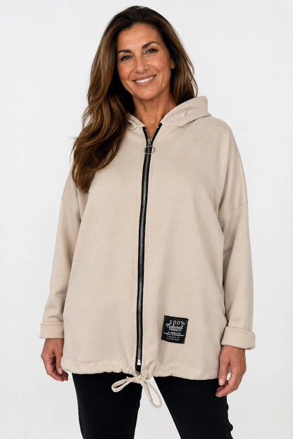 Badge Detail Drawstring Hem Double Pocket Viera Zipped Hooded Jacket - Beige