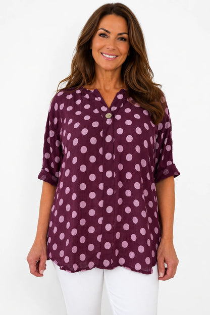 Pure Cotton Polka Dot Kara Button Shirt - Grape