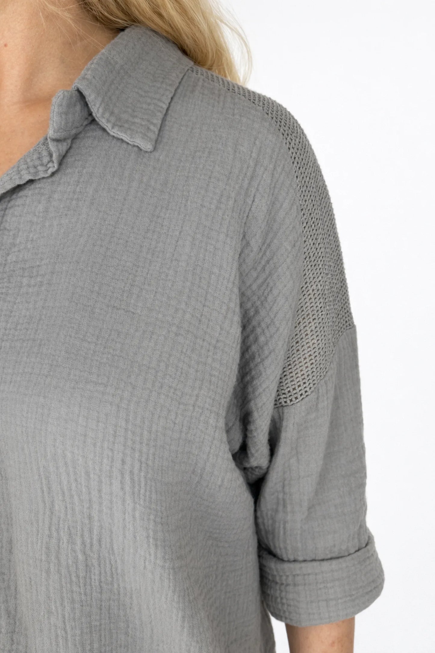 Pure Bubble Cotton Mesh Sleeve/Back Detail Celeste Button Shirt - Mocha