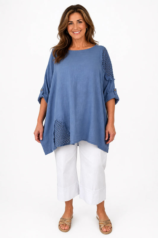 Pure Cotton Button Sleeve Crochet Detail Dalia Top - Denim