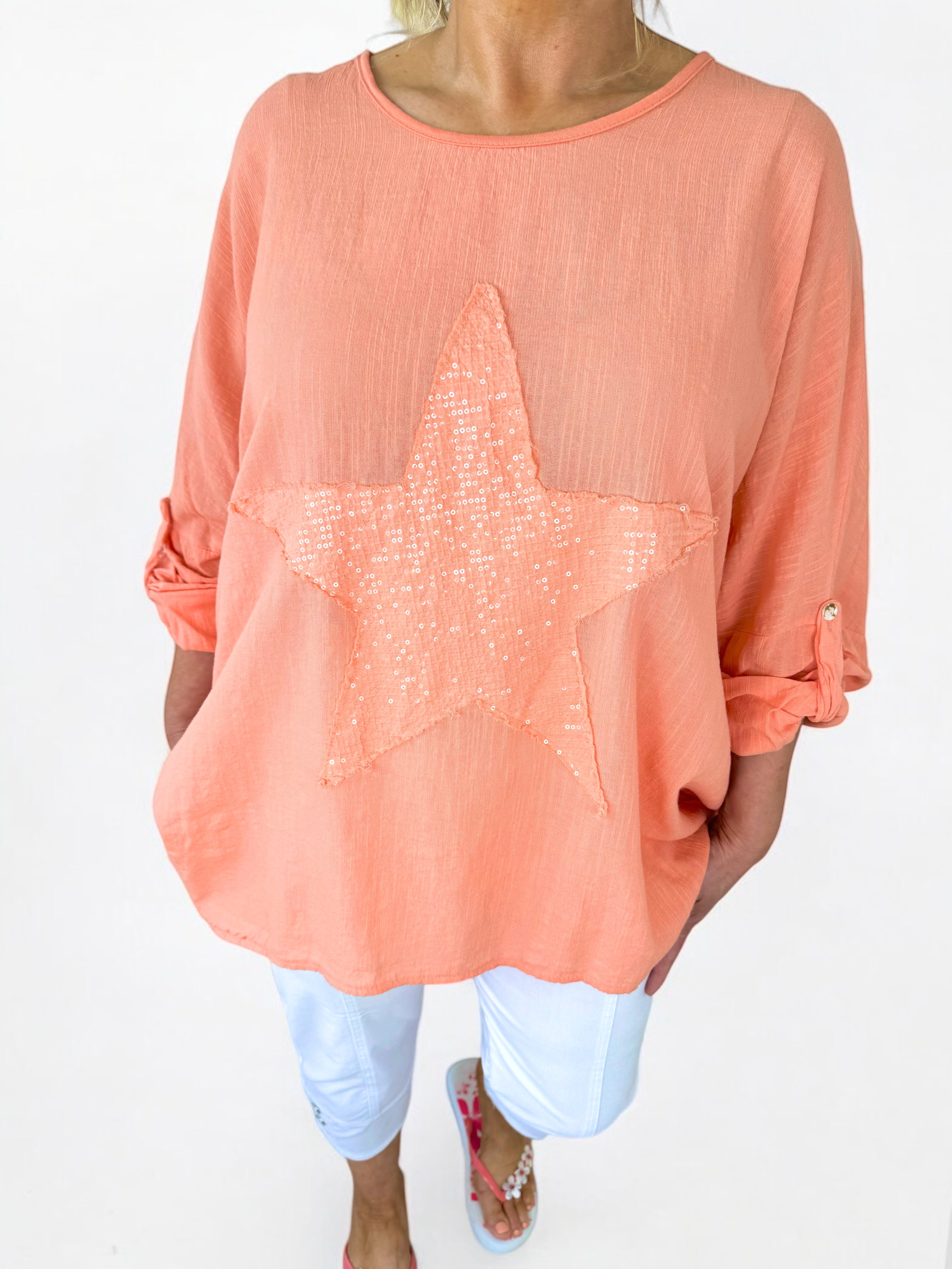 Cotton Sparkle Star Siana Button Sleeve Batwing Top - Peach