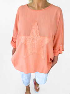 Cotton Sparkle Star Siana Button Sleeve Batwing Top - Peach