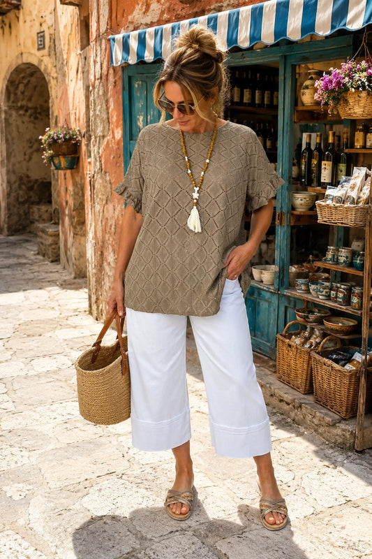 Lightly Textured Frill Sleeve Giana Necklace Top - Mocha