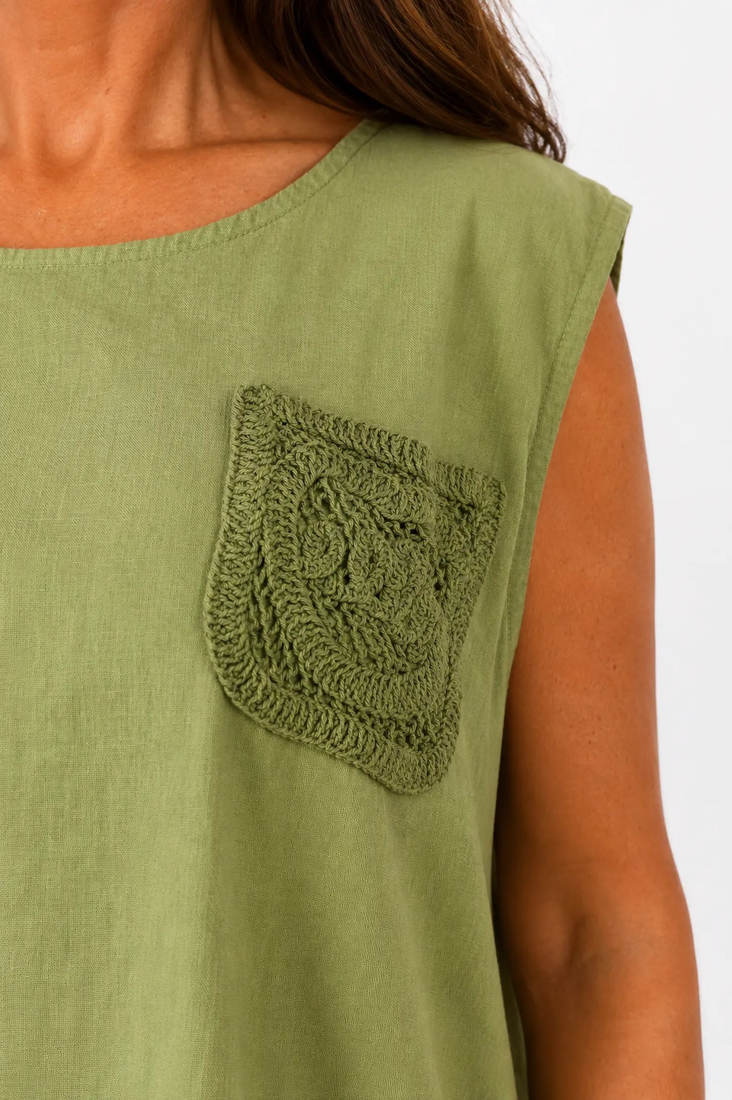 Linen Cotton Mix Button Back Embroidered Crochet Pocket Primrose Vest - Lime