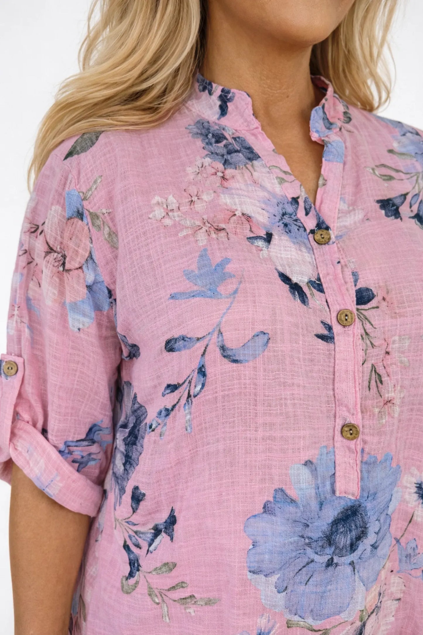 Pure Cotton Button Sleeve Julia Button Shirt - Baby Pink