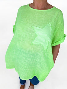 Pure Cotton Double Pocket Siana Sparkle Star Top - Lime