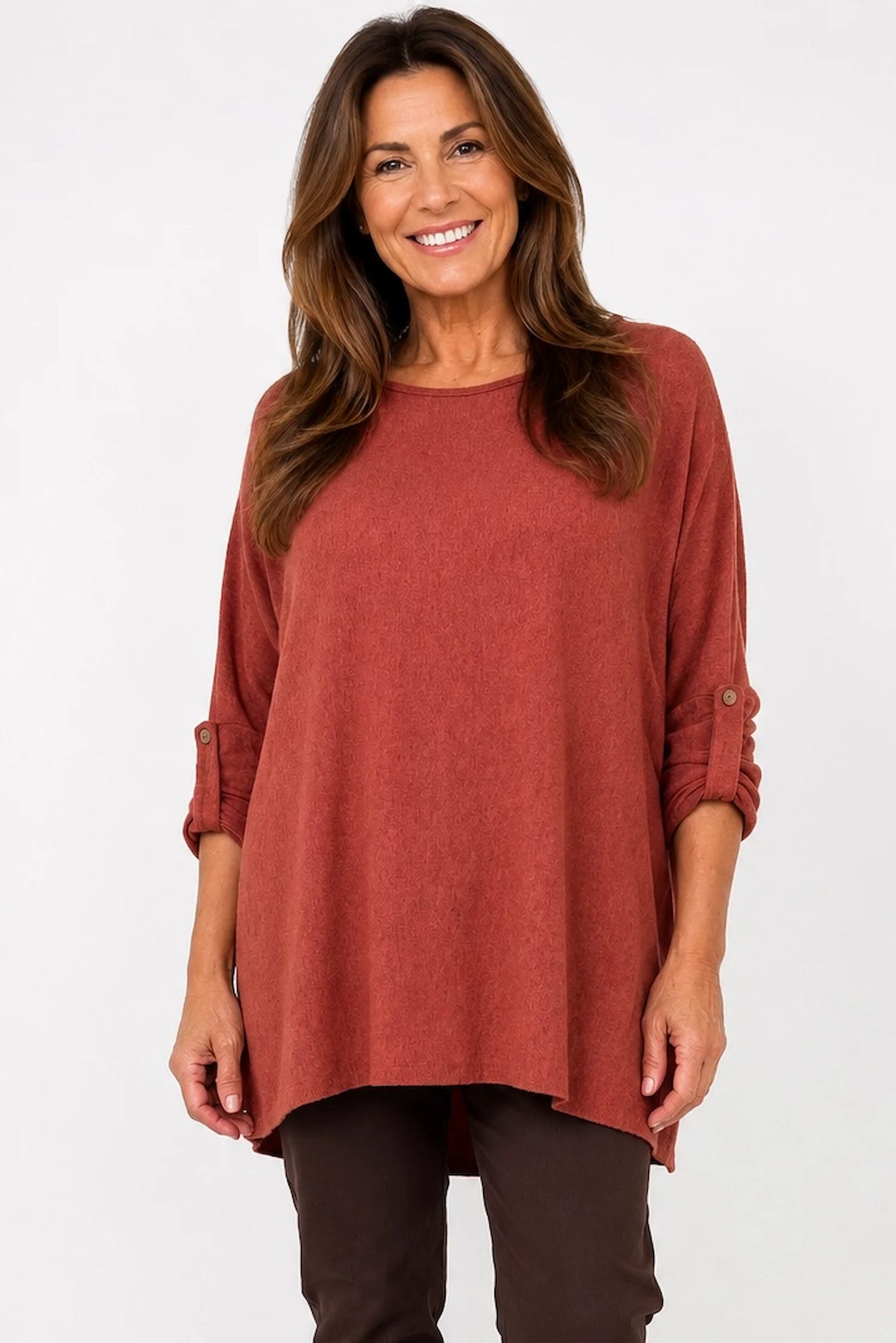 Fine Knit Button Sleeve Batwing Angelica Top - Spice Terracotta
