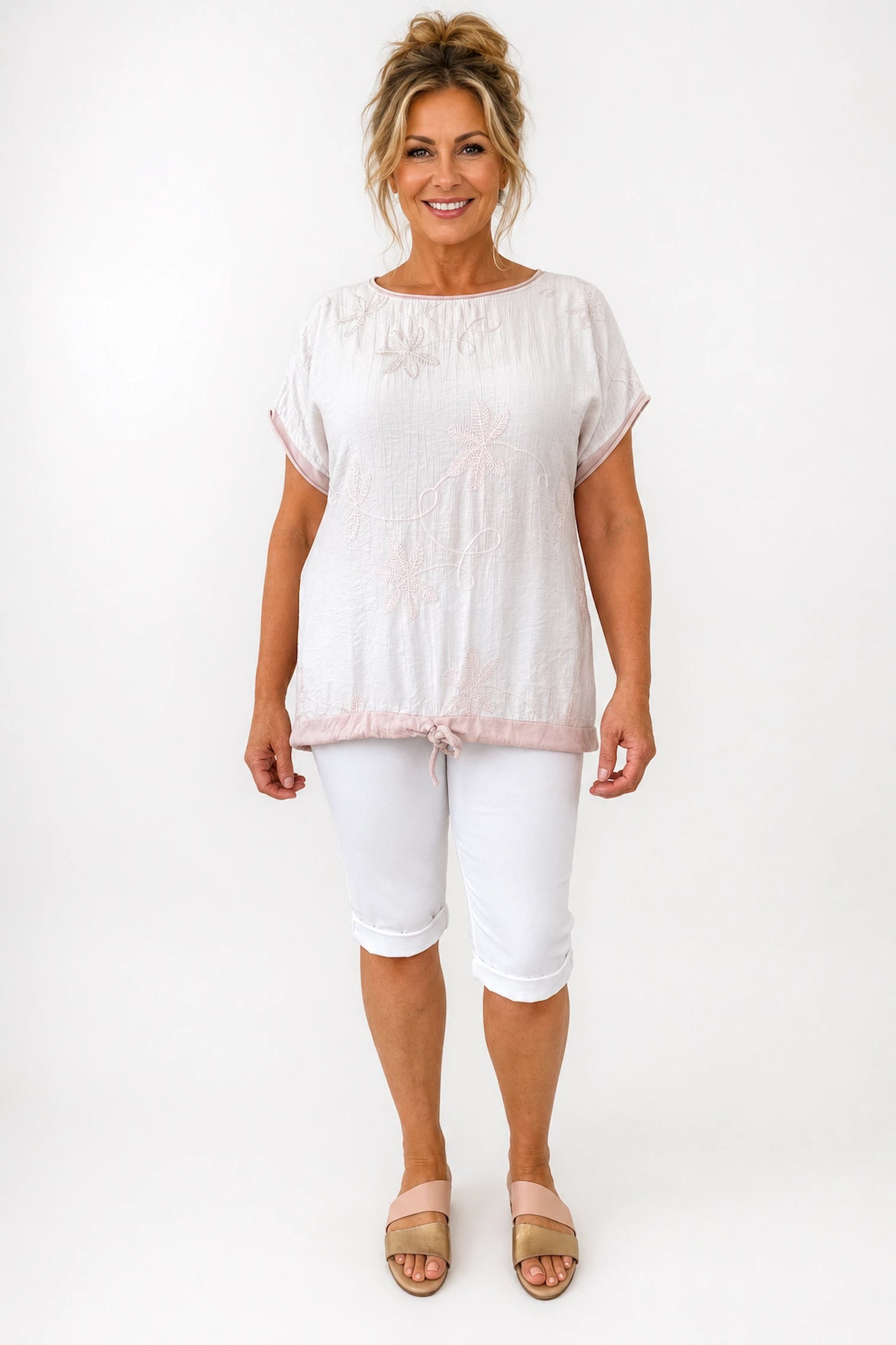 Cotton Drawstring Hem Embroidered Floral Marella Top - Sunwashed Pink