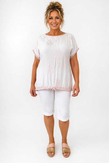 Cotton Drawstring Hem Embroidered Floral Marella Top - Sunwashed Pink