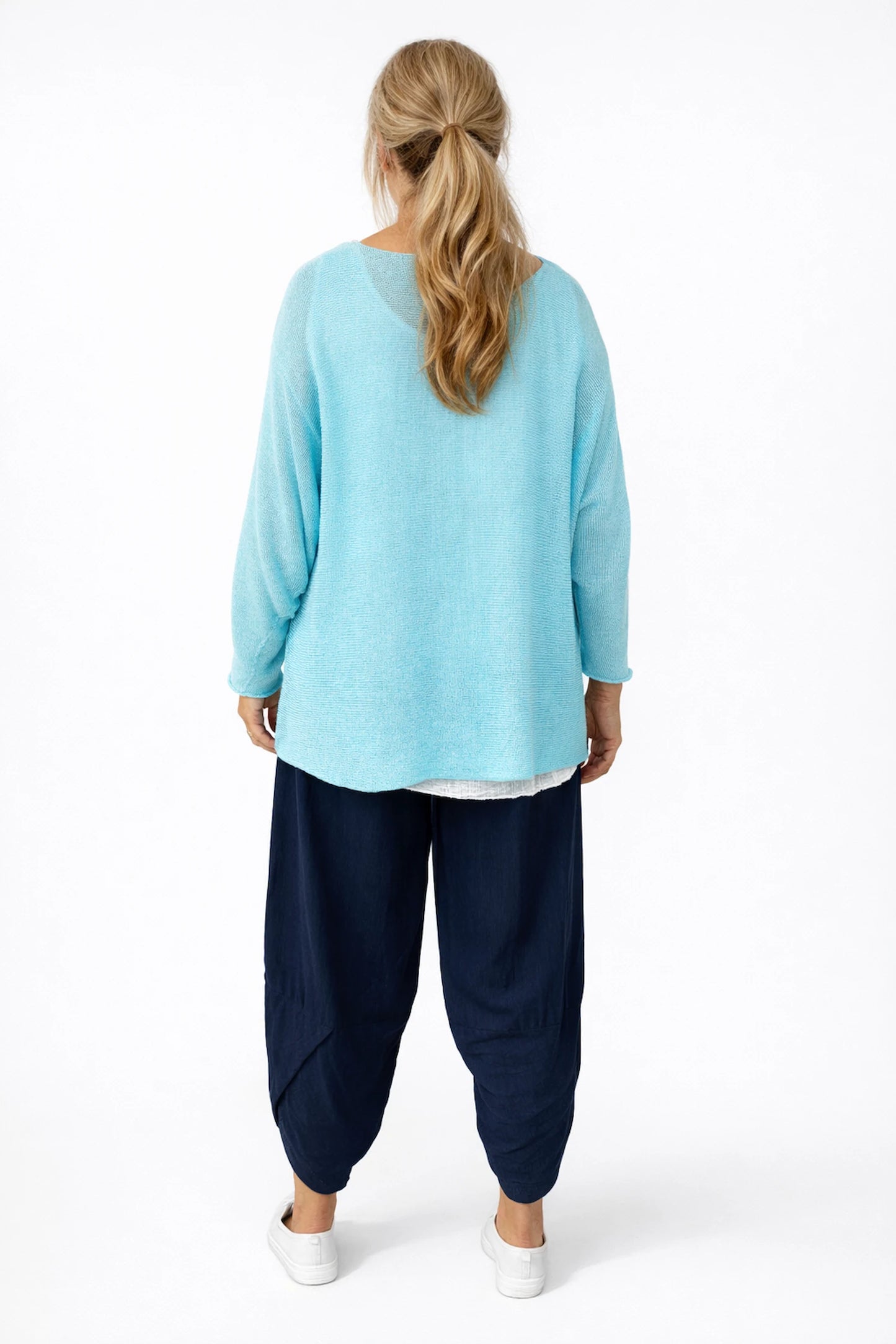 Cotton Seam Sleeve Vittoria Spring Knit Top - Turquoise