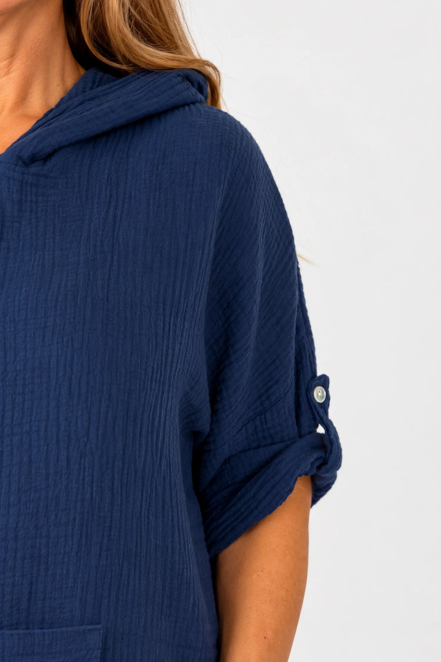 Pure Bubble Cotton Button Sleeve Badge Detail Pocketed Zara Hoodie - Navy