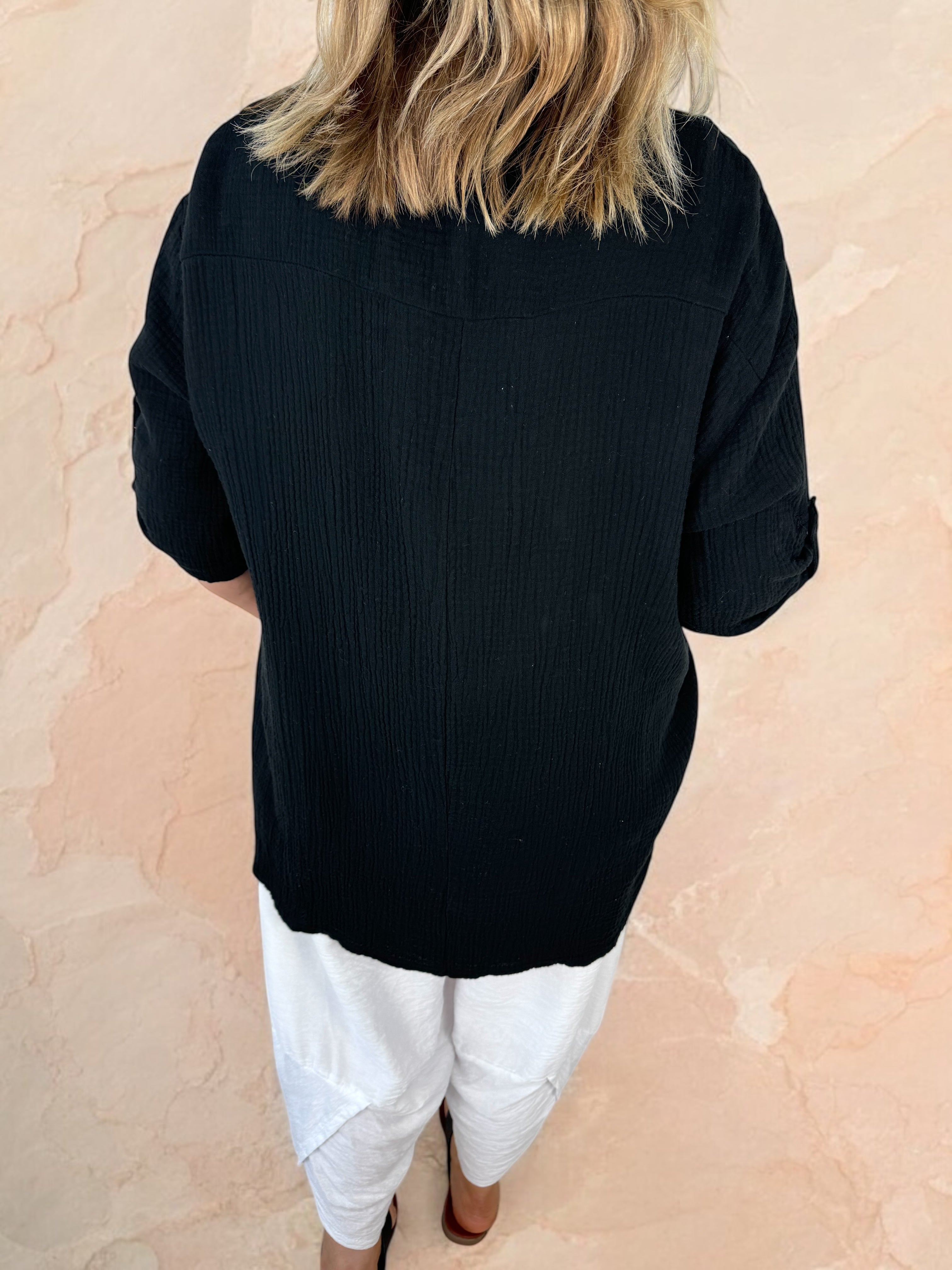 Pure Bubble Cotton Button Sleeve Embroidery Anglaise Cruze Shirt - Black