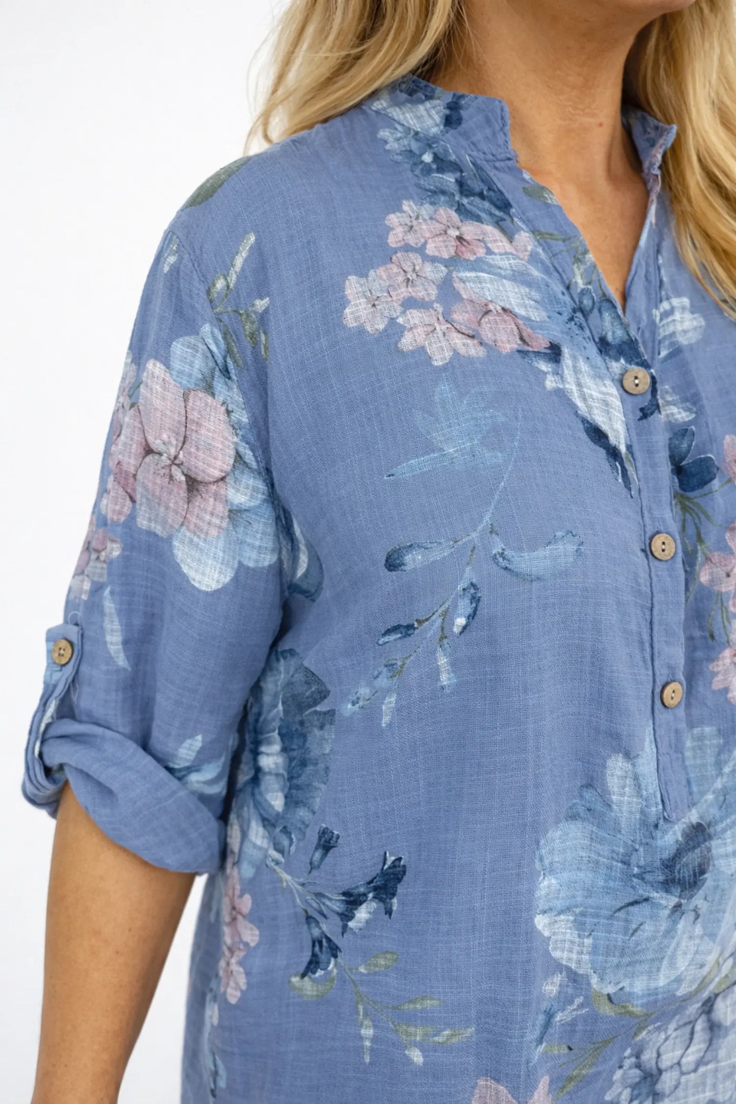 Pure Cotton Button Sleeve Julia Button Shirt - Denim