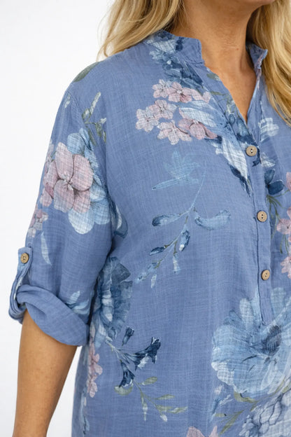 Pure Cotton Button Sleeve Julia Button Shirt - Denim