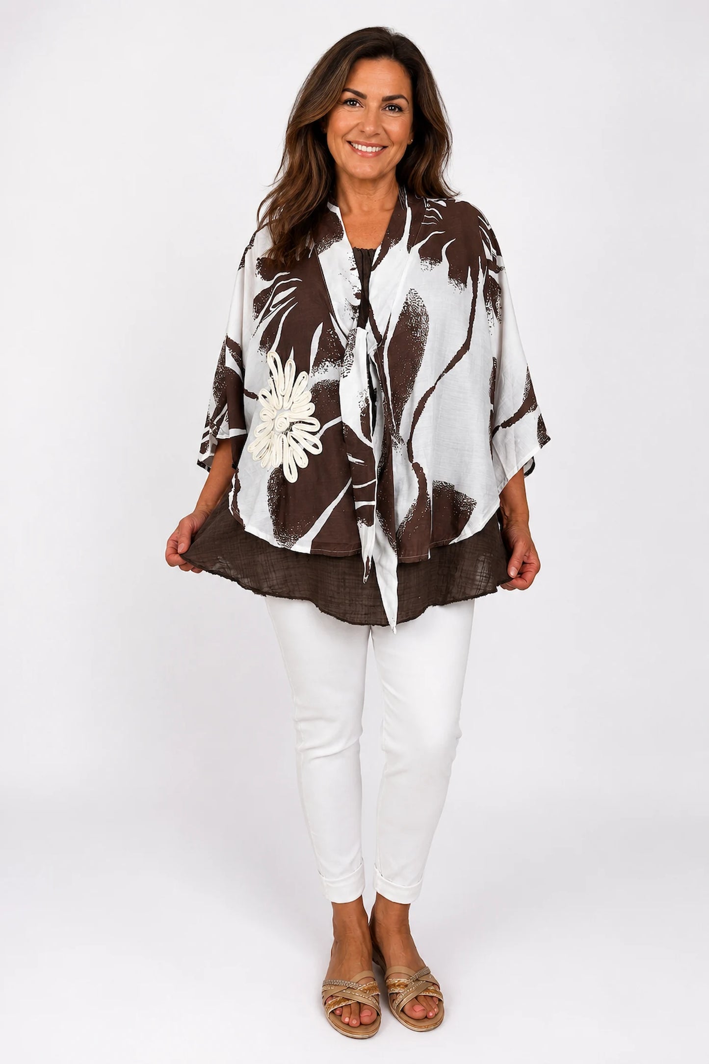 Tie Front Embroidered Floral Detail Batwing Alexa Cover Up - Chocolate