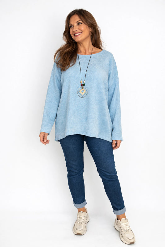 Chenille Annabelle Necklace Top - Baby Blue