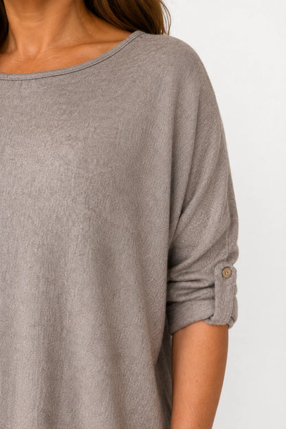 Fine Knit Button Sleeve Batwing Angelica Top - Mocha