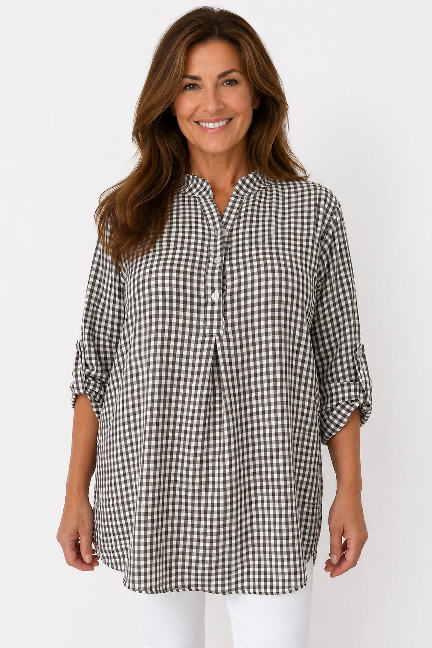 Gingham Button Sleeve Cruze Button Shirt - Mocha