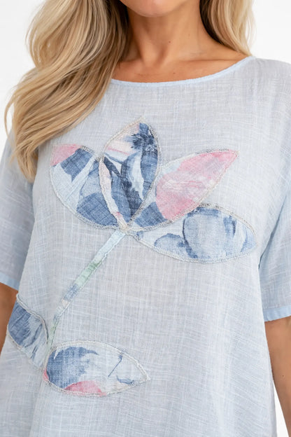 Pure Cotton Embroidered Floral Juliette Top - Baby Blue