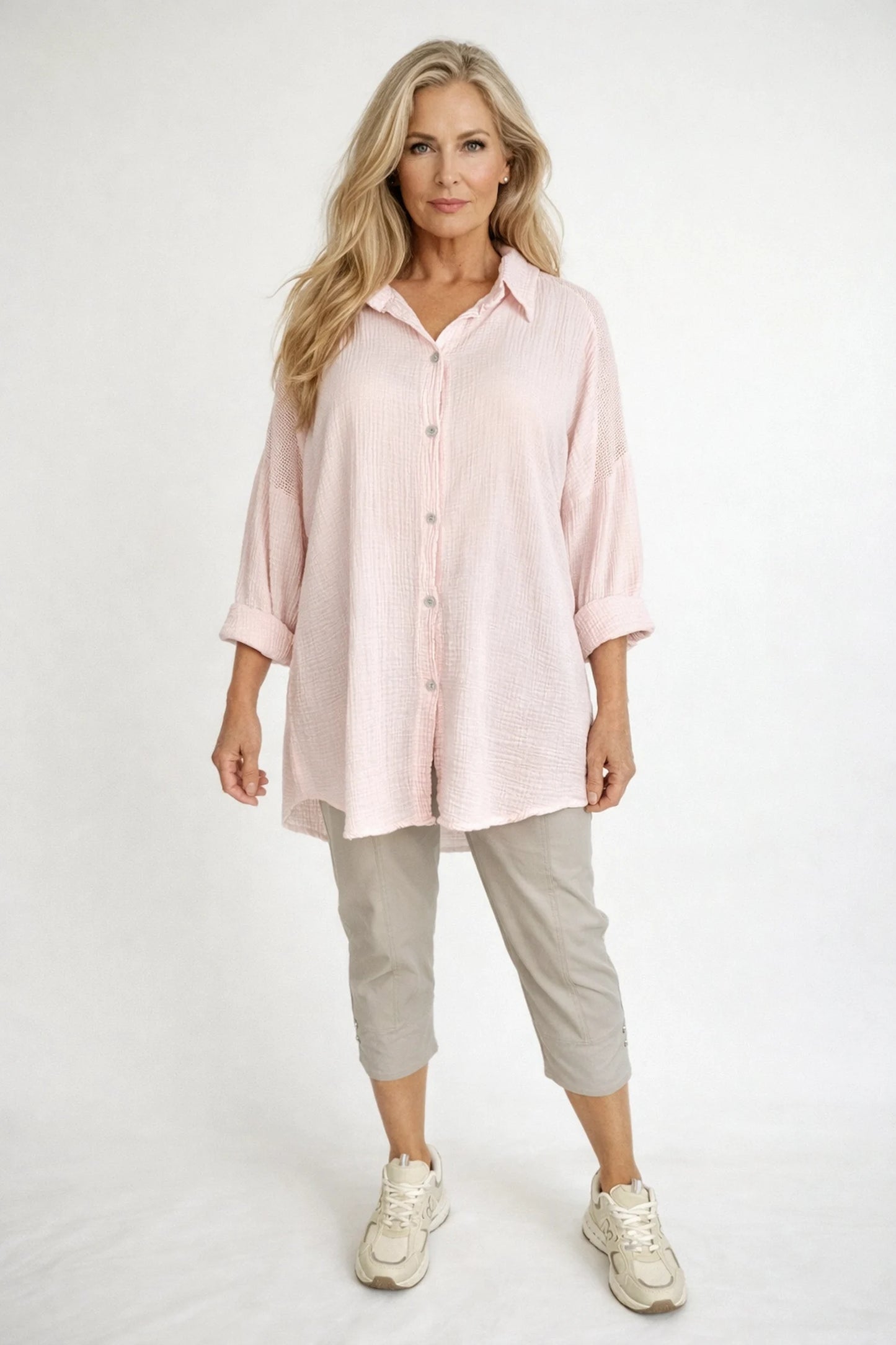 Pure Bubble Cotton Mesh Sleeve/Back Detail Celeste Button Shirt - Baby Pink