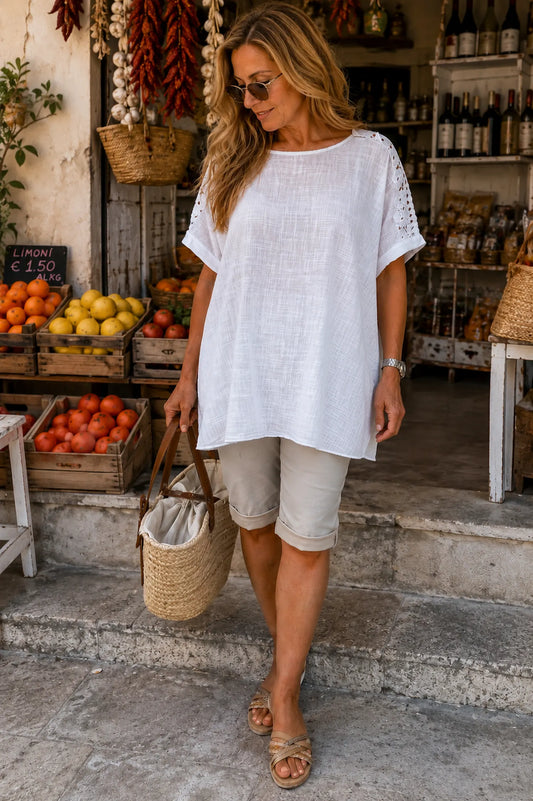 Pure Cotton Embroidered Crochet Sleeve Amira Top - White