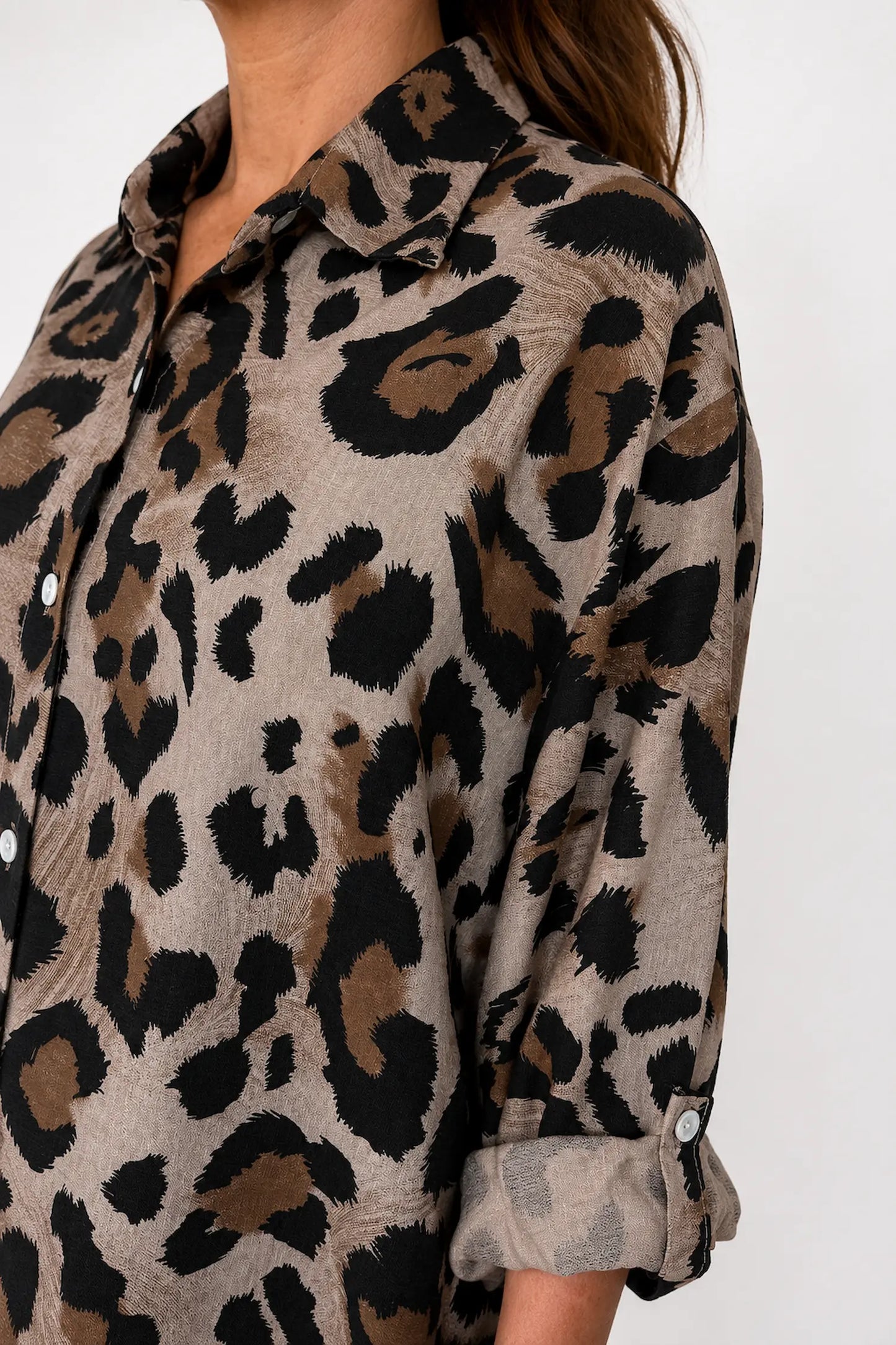 Roxy Leopard Button Sleeve Button Shirt - Mocha