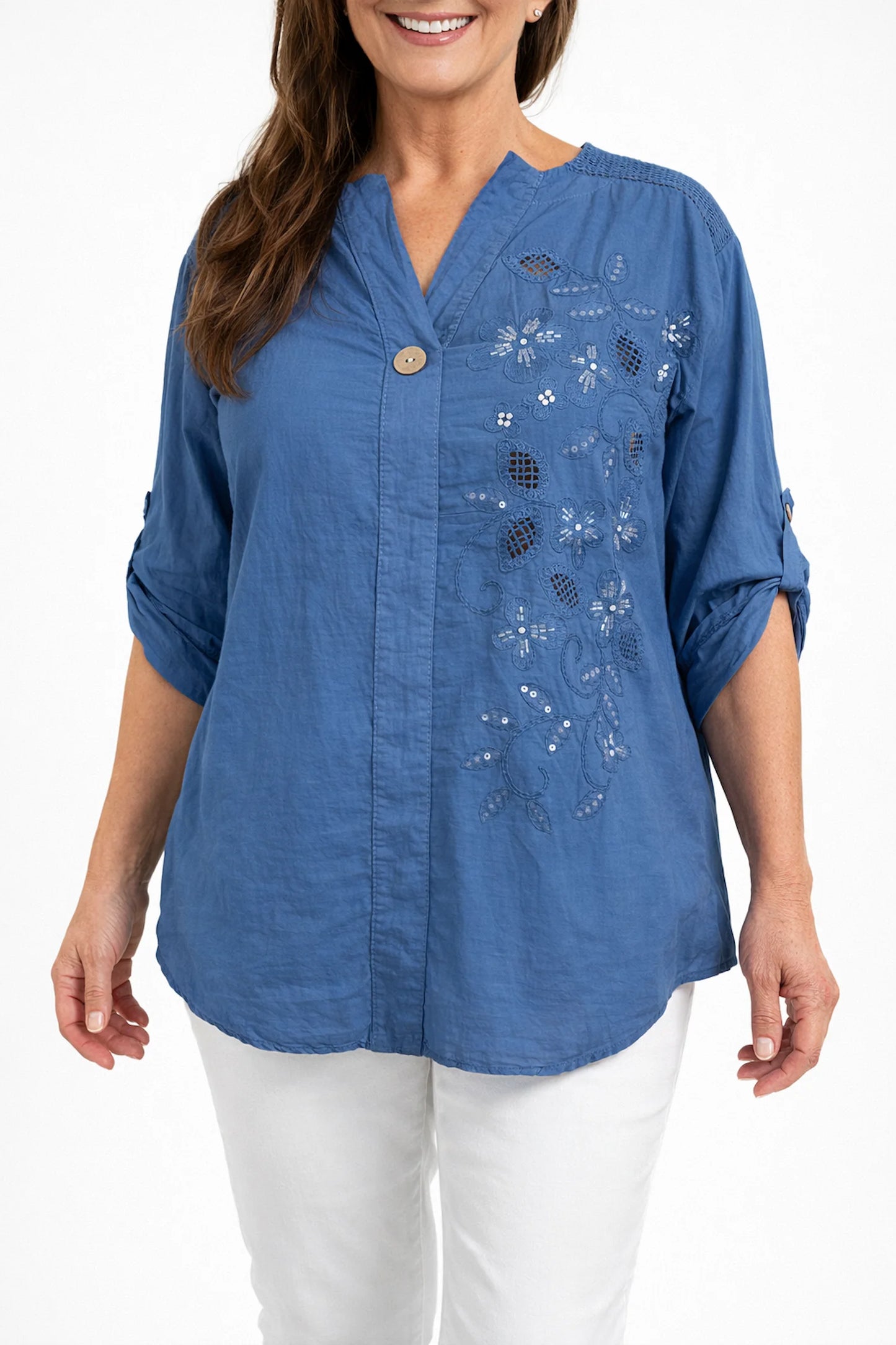 Cotton Mesh Shoulder Embroidery Anglaise Detail Button Sleeve Antonella One Button Shirt - Denim