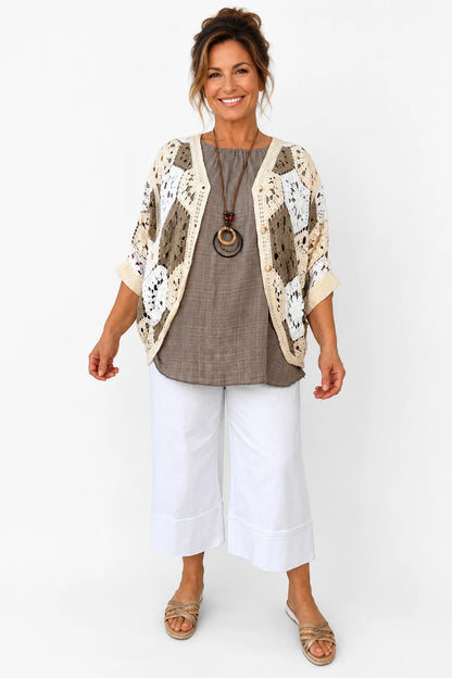 Pure Cotton Batwing Crochet Button Carmella Cardigan - Mocha