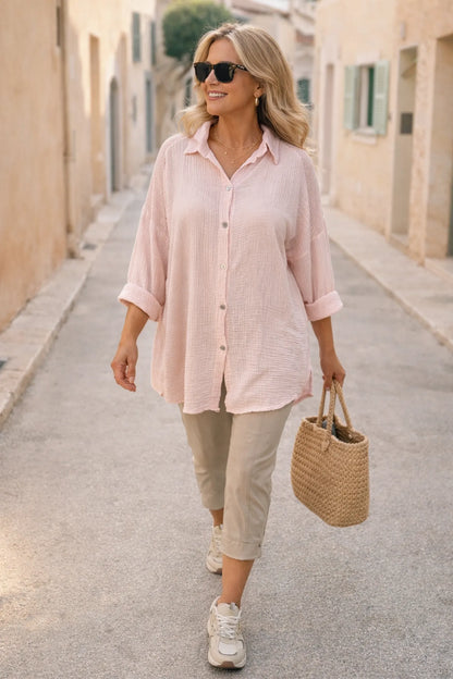 Pure Bubble Cotton Mesh Sleeve/Back Detail Celeste Button Shirt - Baby Pink